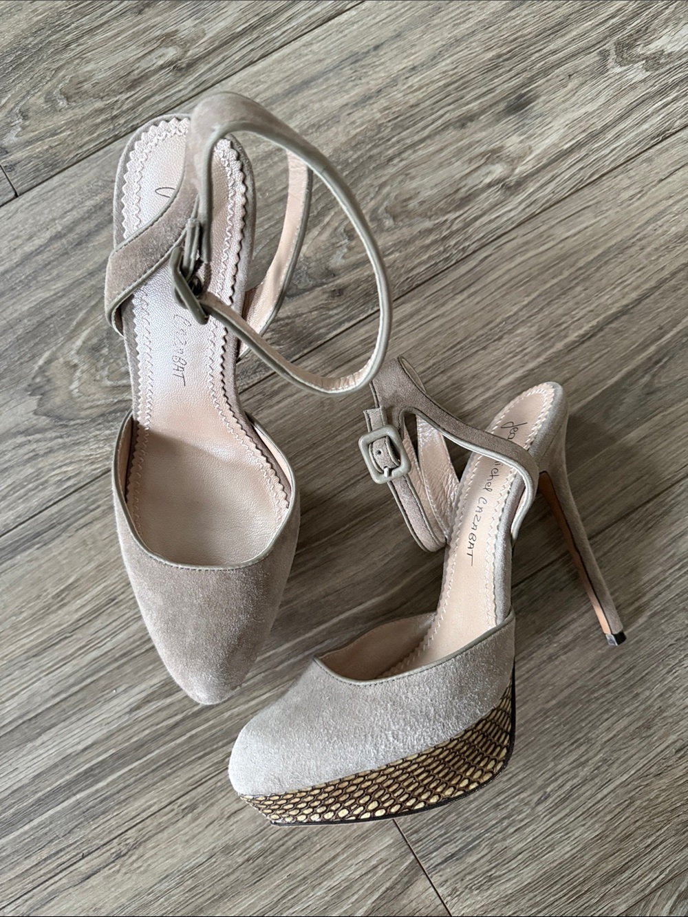 Jean-Michel Cazabat Womens Lex Pump Size 38.5 8.5 Platfrom Heel Taupe Gray Suede